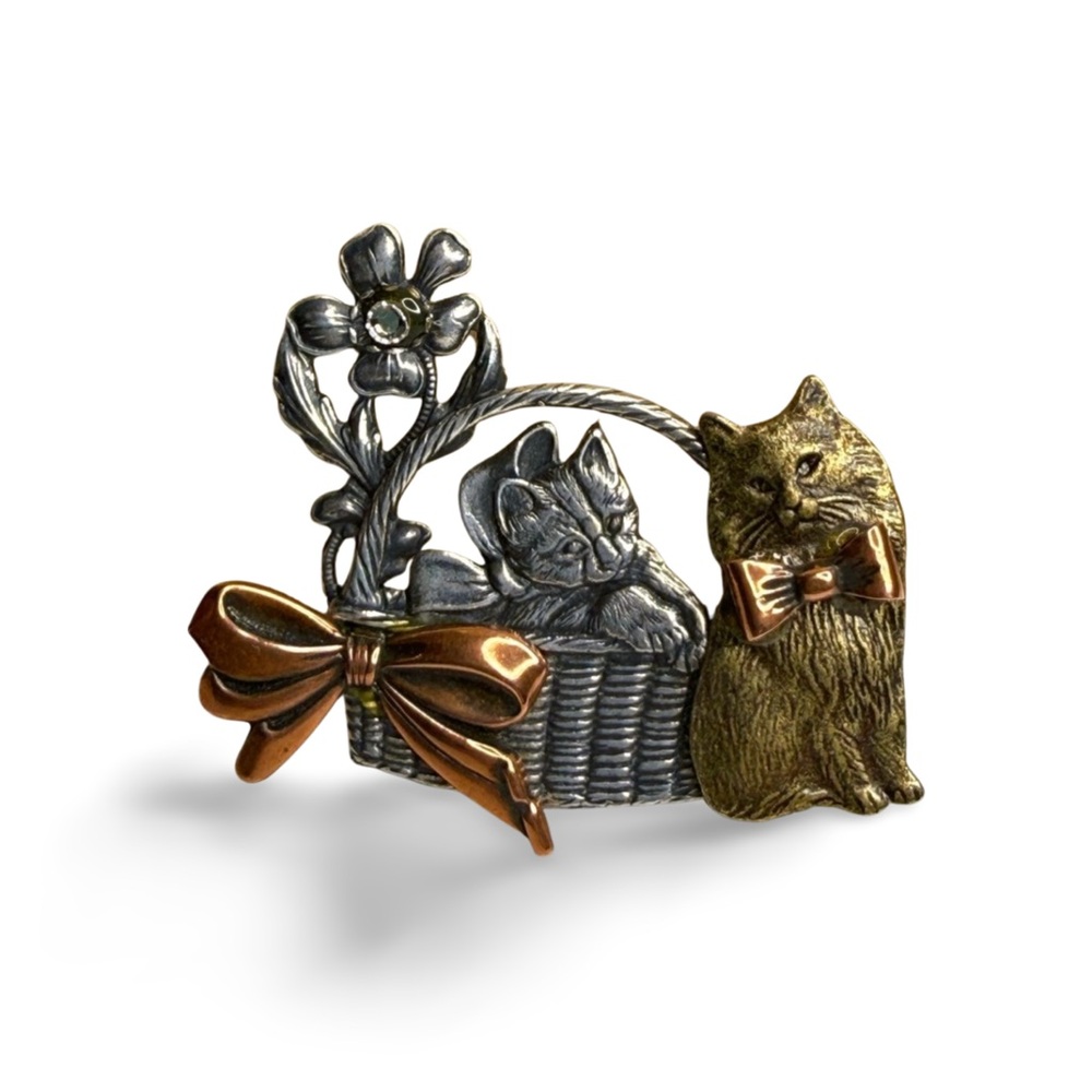 Vintage KCO Figural Cat Brooch Basket Kitten Bow Floral Mixed Metal Pin